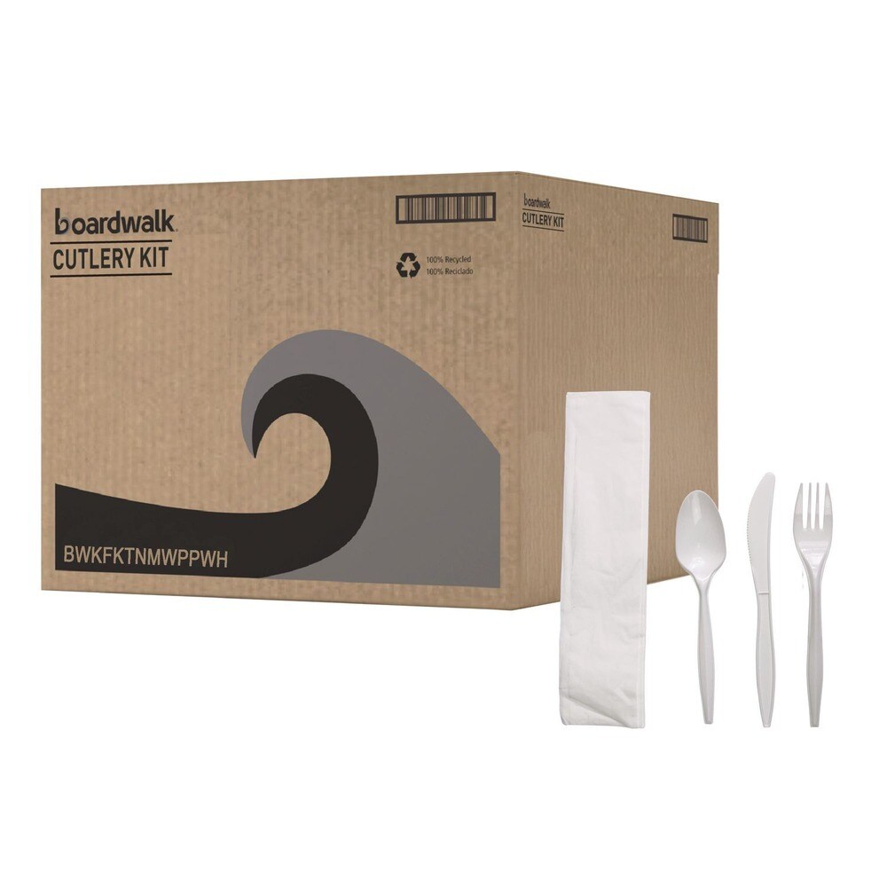 Boardwalk Mediumweight Fork/Knife/Napkin/Spoon 4-Piece Plastic Cutlery Kit - White (250/Carton)
