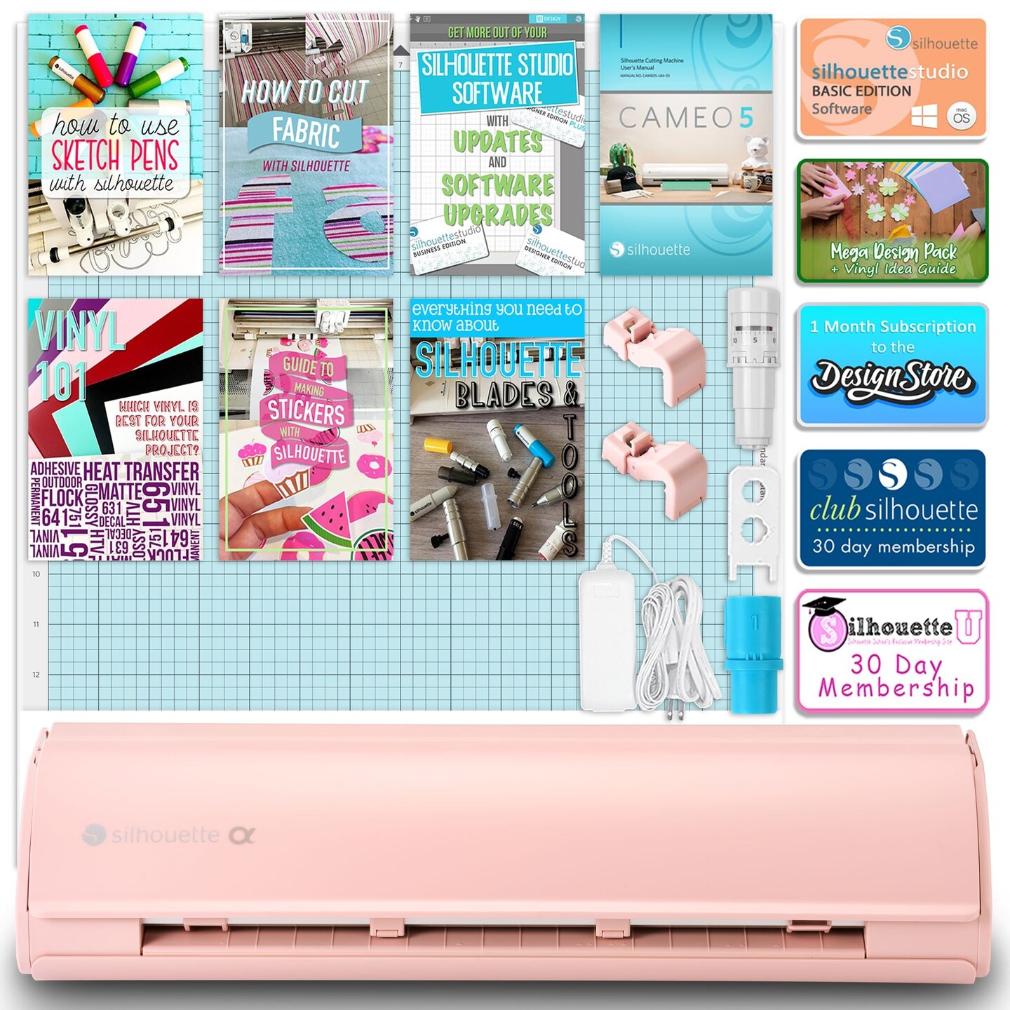 Silhouette Pink Cameo 5α Alpha w/ 38 Oracal Sheets, Siser HTV, Guides, 24 Pens