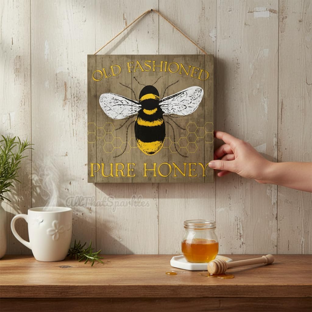 Honey Bee Sign - 10" Square, "Old Fashioned Pure Honey" Wall/Door Hanger, Wreath Accent, Craft or Decoration - Spring/Summer