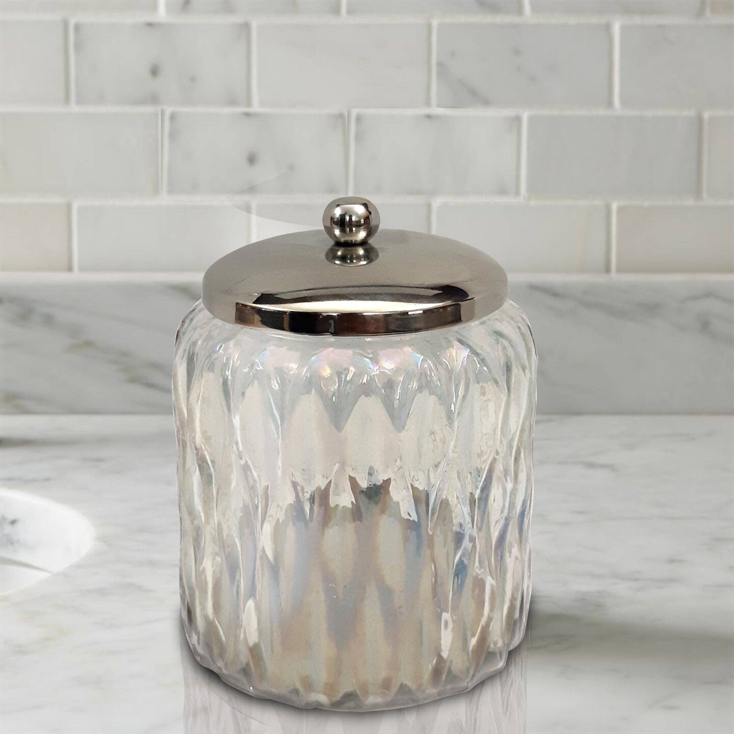 Glacier Vanity Glass Jar | Stylish Storage for Cotton Swabs, Sponges & Bath Salts | Decorative Canister with Lustre Finish