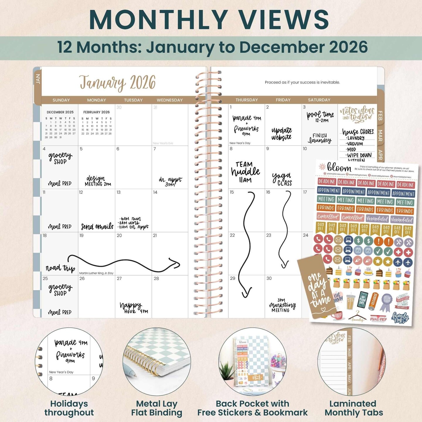 bloom daily planners 2026 Soft Cover Weekly & Monthly Planner, 5.5" x 8.25", Checkered