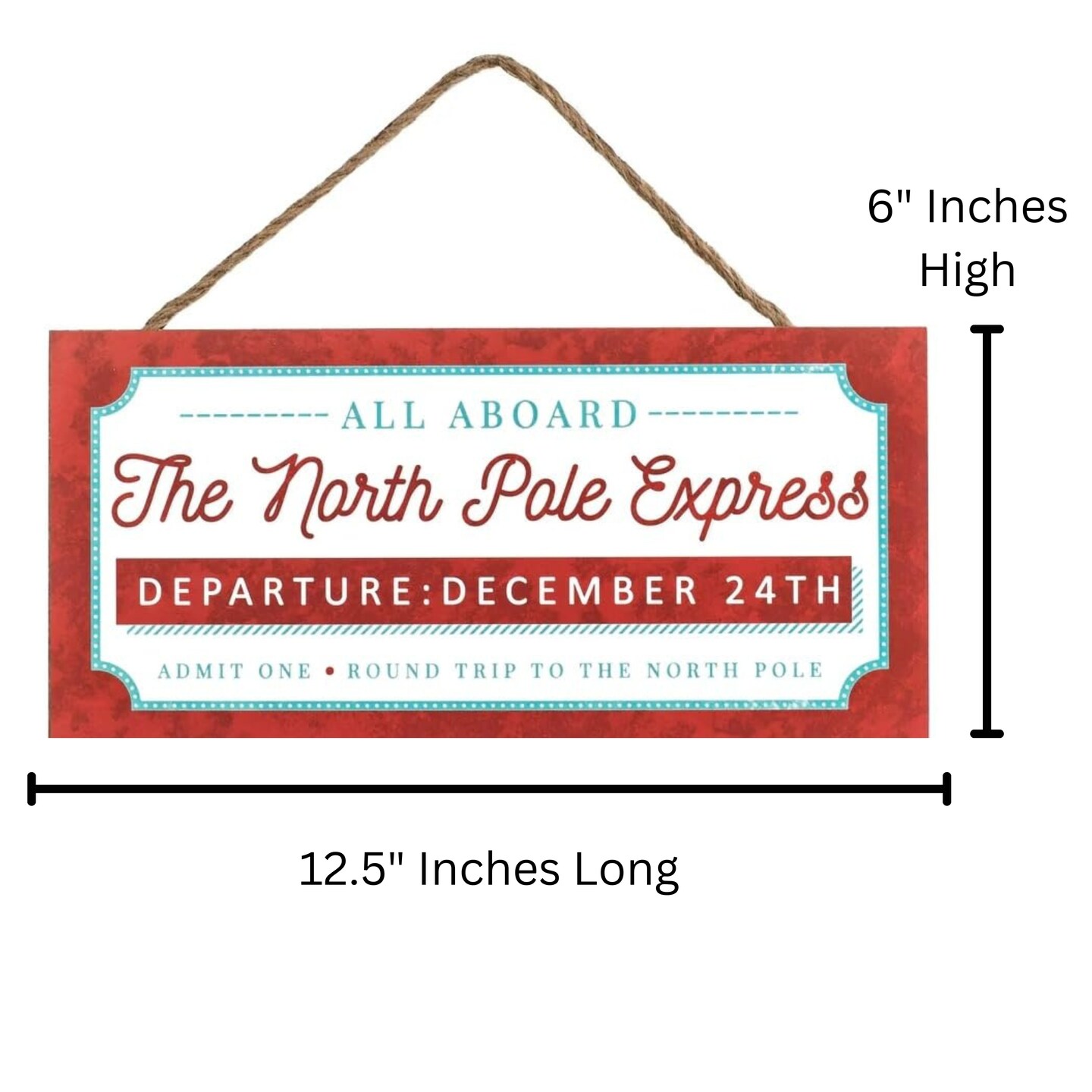 North Pole Express 12.5" Train Ticket Wooden Sign For Christmas Wreath Accents, Door and Wall Hangers, DIY Crafts, and Decorations (Light Blue, White, Red)