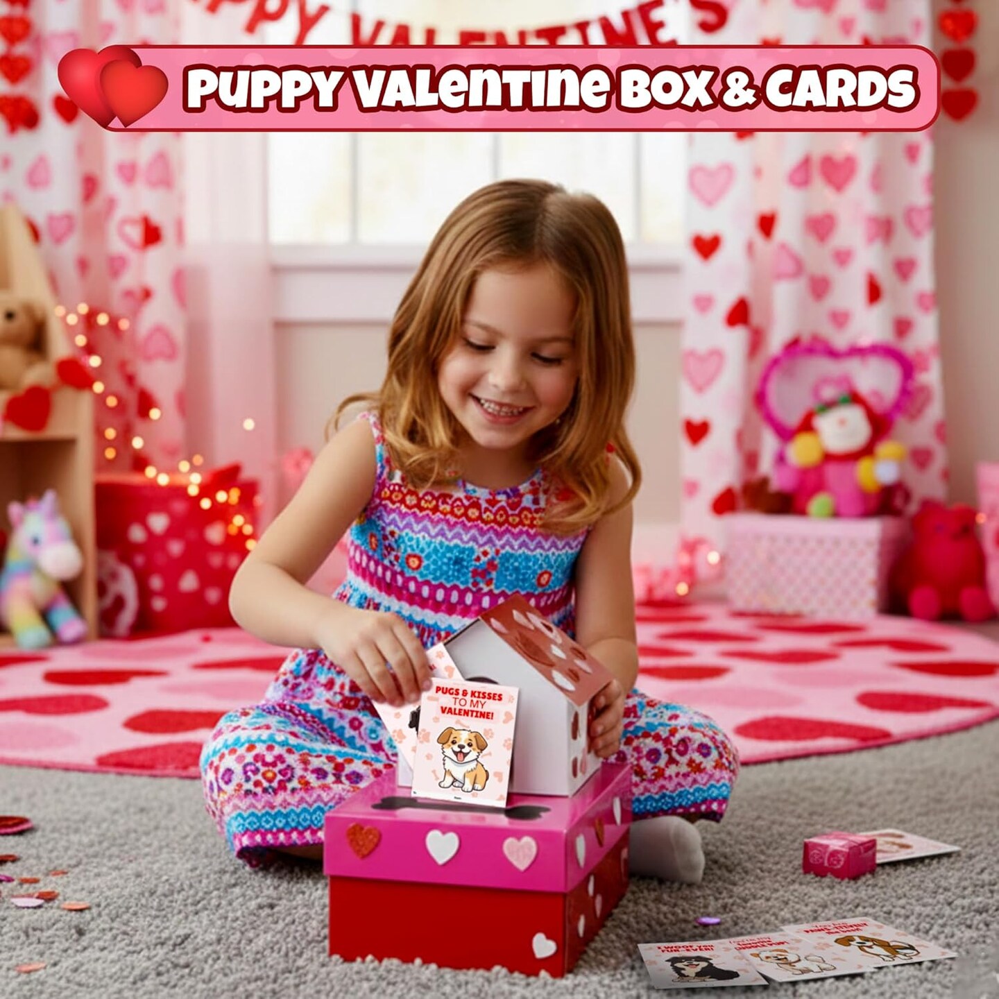 4E's Novelty Valentines Day Box and Cards for Kids (32 Pcs) - DIY Puppy Valentines Box Doghouse Craft Kit Gift with 32 Puppy Cards & Teacher Card, Valentines Boxes for Kids for Fun and Classroom Exchange