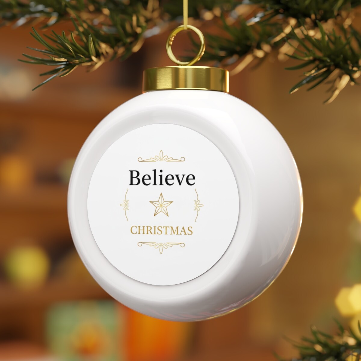Ceramic Christmas Ball Ornament – Believe Holiday Script - Bells / Round / 2.5" × 3"