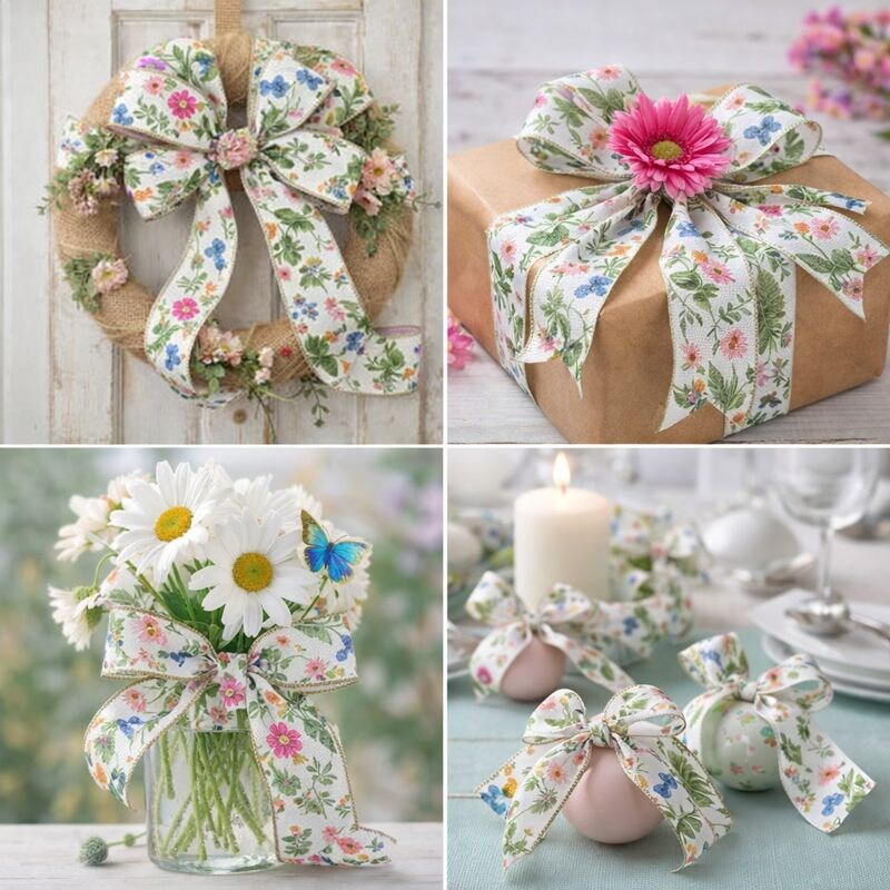 Designer’s Shop Botanical Wildflower Wired Ribbon 2.5 Inch x 10 Yards – Spring Floral & Butterfly Print on White Fabric WR 63-5231