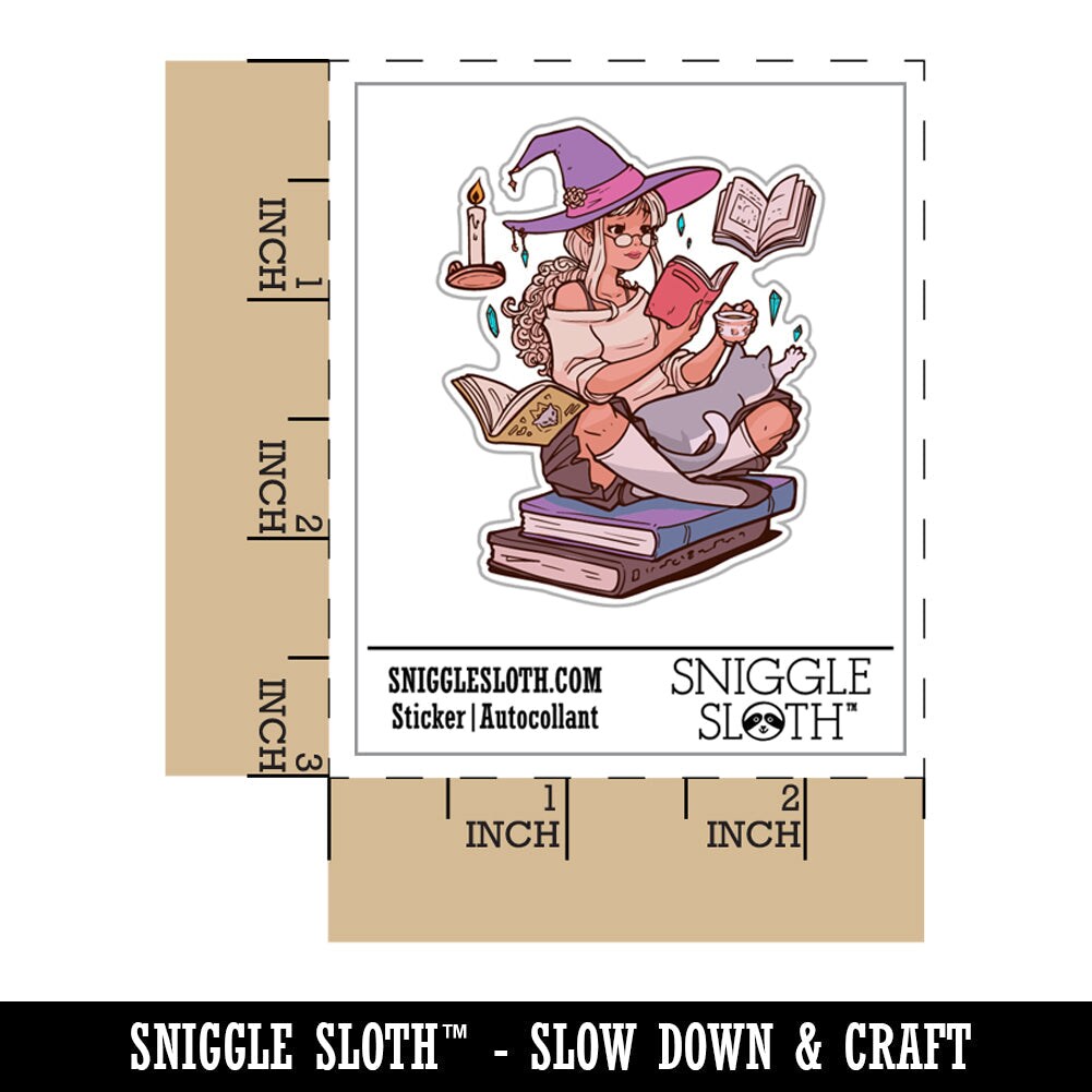 Studious Witch Reading Books with Cat Halloween Waterproof Vinyl Phone Tablet Laptop Water Bottle Sticker Set - 5 Pack
