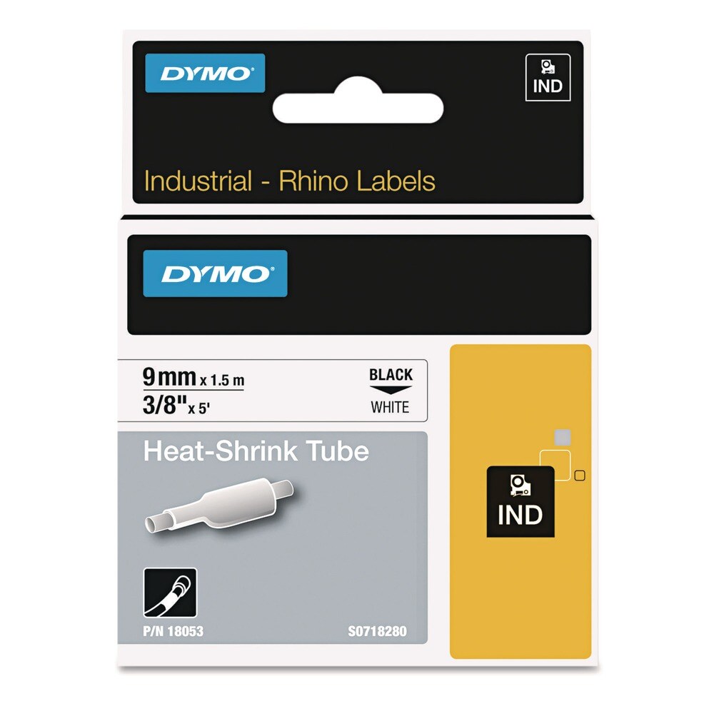 DYMO Rhino 0.37 in. x 5 ft. Heat Shrink Tubes Industrial Label Tape - White/Black Print (1-Roll)
