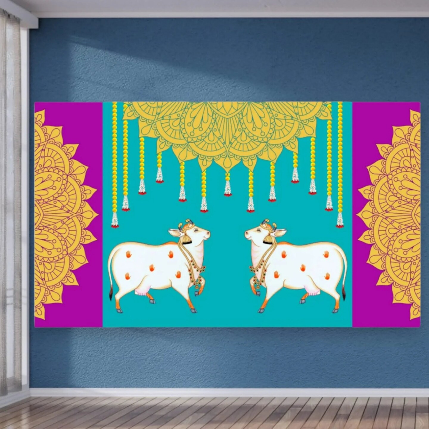 Pichwai Cow Print Backdrop 5x8 Feet Backdrop Indian Traditional Cloth Satnaryan Pooja Decor Indian Pooja Wall Decor Indian Wall Art Photo Decor Banner Decorative Cloth Wedding Favor