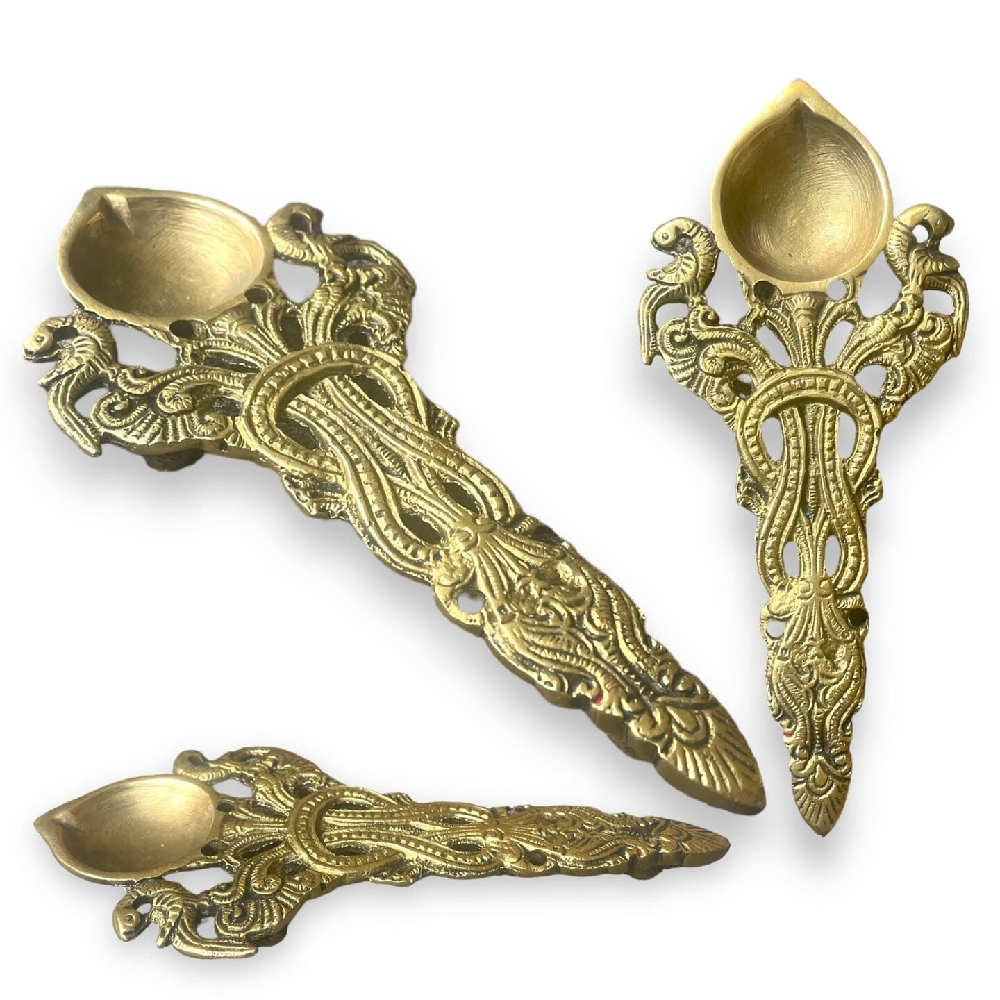 Brass Pooja Aarti Spoon 1 Pc Diya Twin Peacock Design Round Hawan Spoon for Pouring Ghee in Hawan Kund Diwali Gift Ethnic Indian Aarti Spoon Wedding Return Gifts Home Temple Decor