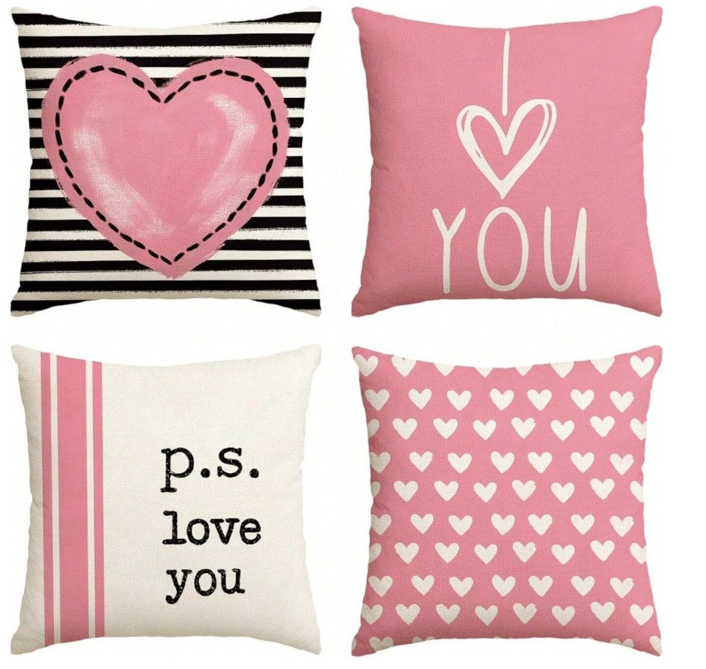 4-Piece Valentine's Day 'I Love You' Pillowcase Set - 16x16 Inch Pink Heart & Stripe Cushion Covers for Sofa, Wedding, and Anniversary Decor