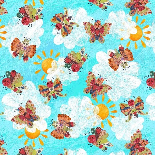 Fabric Studio E Sky Tossed Butterflies and Clouds Bug Bliss by the Quarter Yard 8117-16