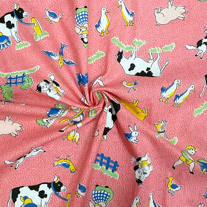 Pink-White-Multi Cotton Novelty Printed Plain Woven Fabric By the Yard
