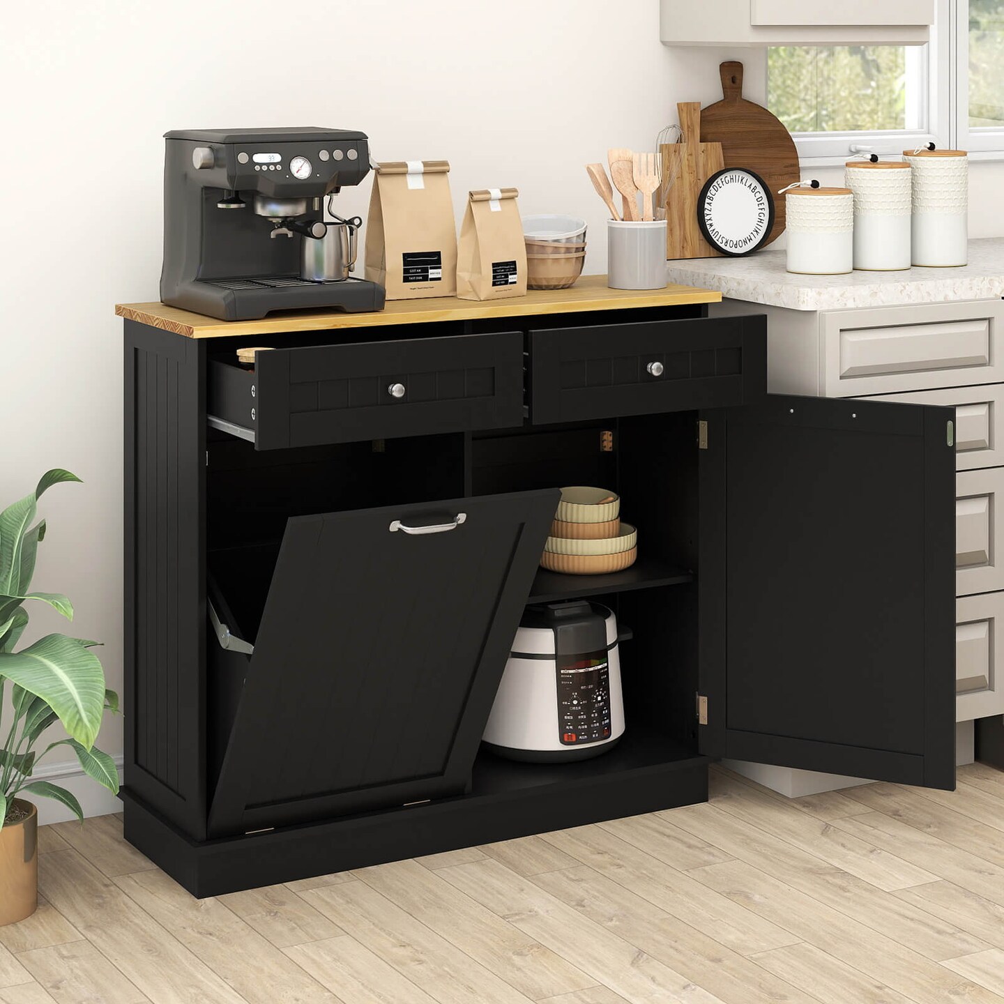 Costway Wooden Kitchen Trash Cabinet Tilt Out Bin Holder w/ Drawer & Storage Shelf Black/White/Coffee/Gray