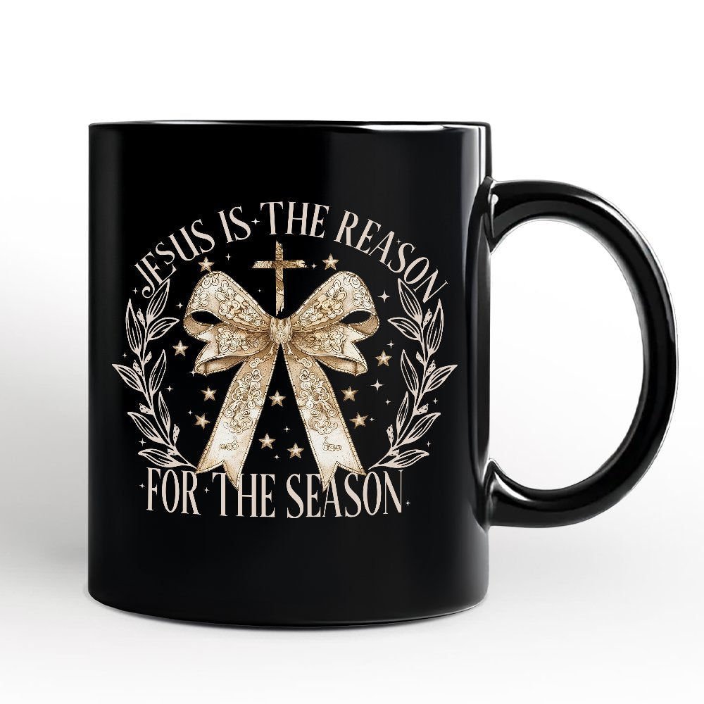Jesus Is the Reason Christmas Mug, Coquette Gold Bow Cross Gift, Color ...