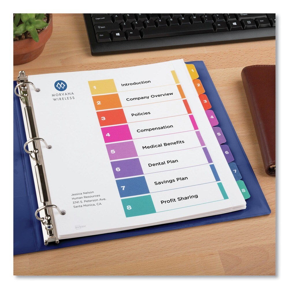 Avery Ready Index 11 in. x 9.25 in. 8-Tab 1 to 8 Extra Wide Tabs Customizable TOC Dividers - Multicolor Tabs/White (1-Set)