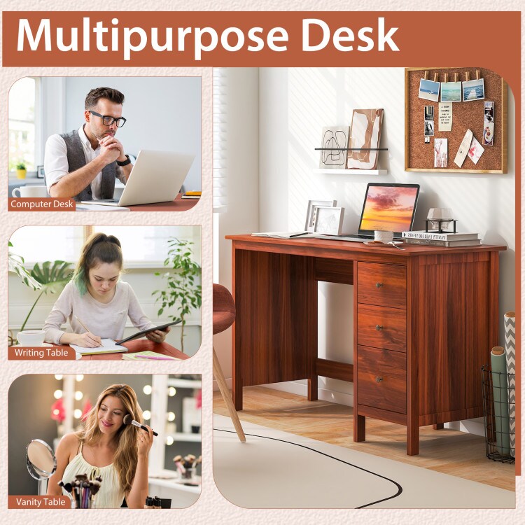 Brown 48 Inch Writing Computer Desk with 3 Drawers Home Office Study Table