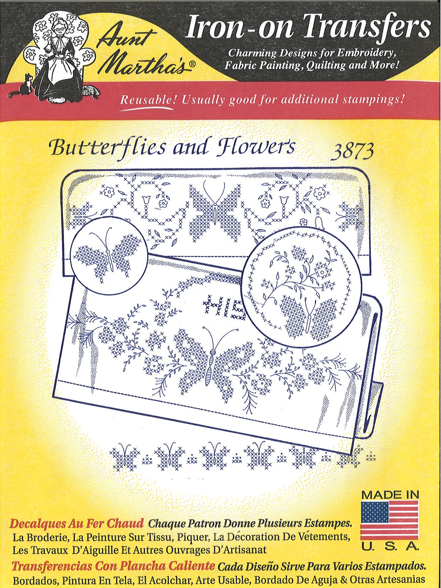 Aunt Martha's Butterflies & Flowers 3873 embroidery iron on pattern