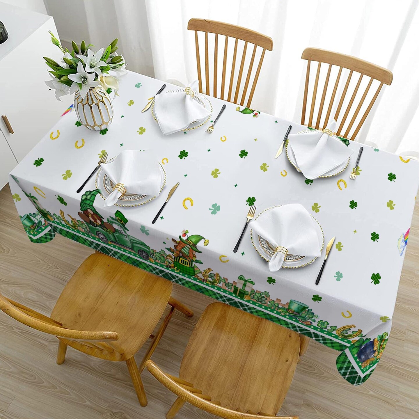 St Patricks Day Tablecloth Rectangle 60 x 84 Inch, Green Shamrocks St Patrick's Table Cloth Gnome Truck Cover for Party Home Dinner Decor