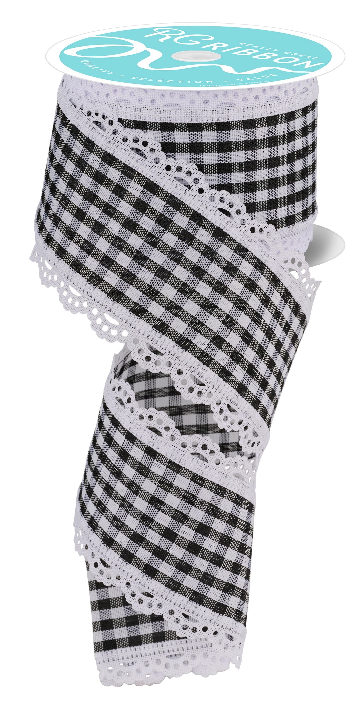 RG Ribbon: 2.5" Black and White Gingham Scalloped Lace Edge Ribbon for Bows, Wreaths, Crafts and Decorations