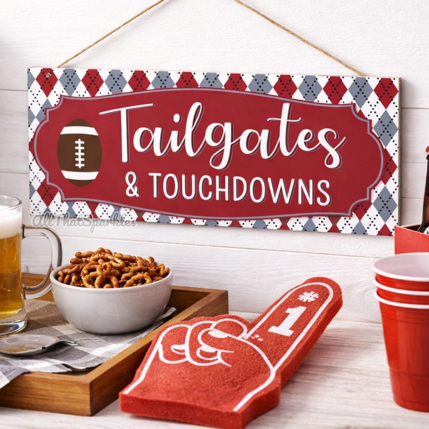 Football Tailgates and Touchdowns Sports Sign, MDF Wood - Crimson Red, White, Grey, Multi, 12.5"L x 6"H - For Wreath Accents, Crafts, and Decorations