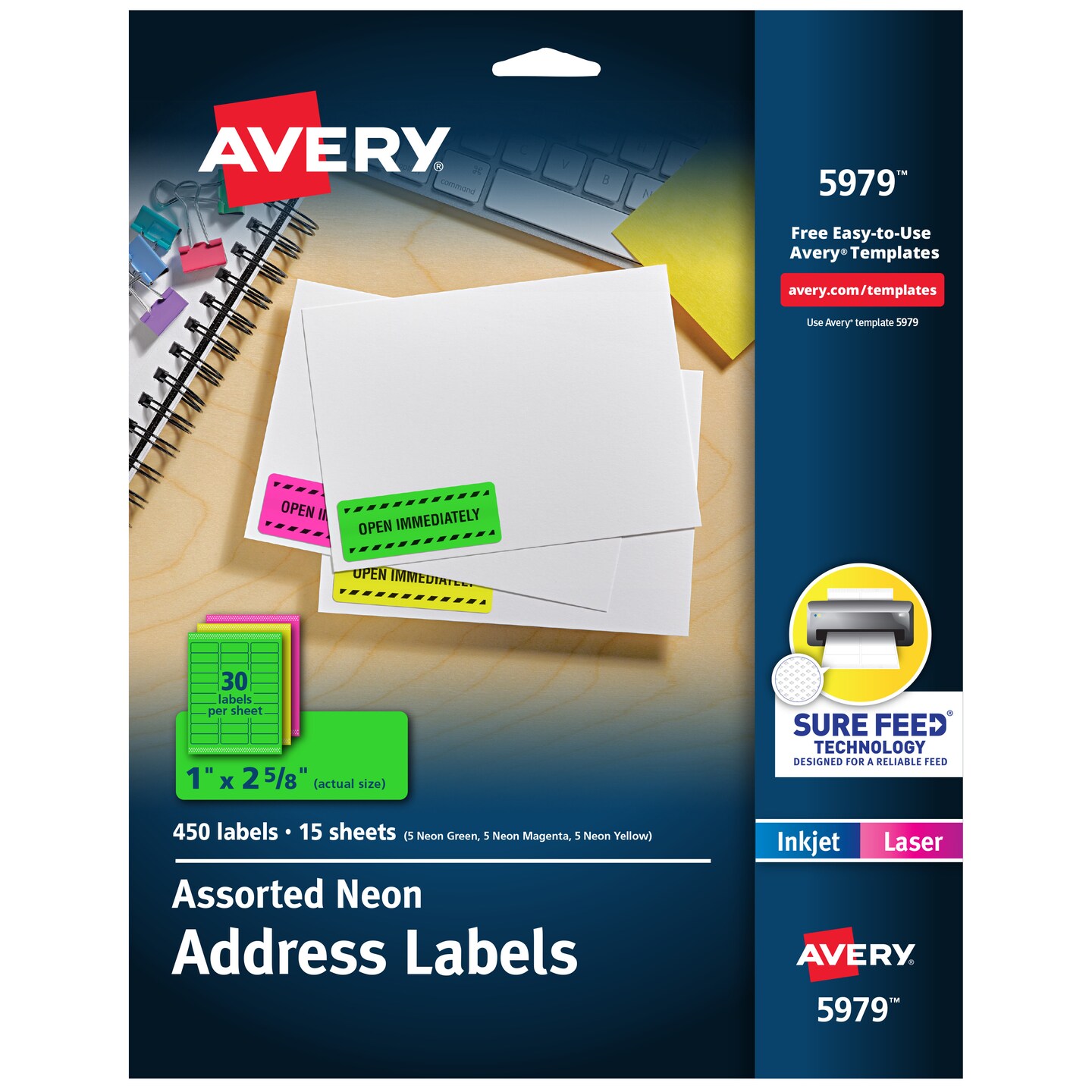 Avery Printable Address Labels with Sure Feed, 1" x 2-5/8", Assorted Neon Colors (Magenta, Green and Yellow), Laser & Inkjet Compatible, 450 Blank Labels Total (5979)