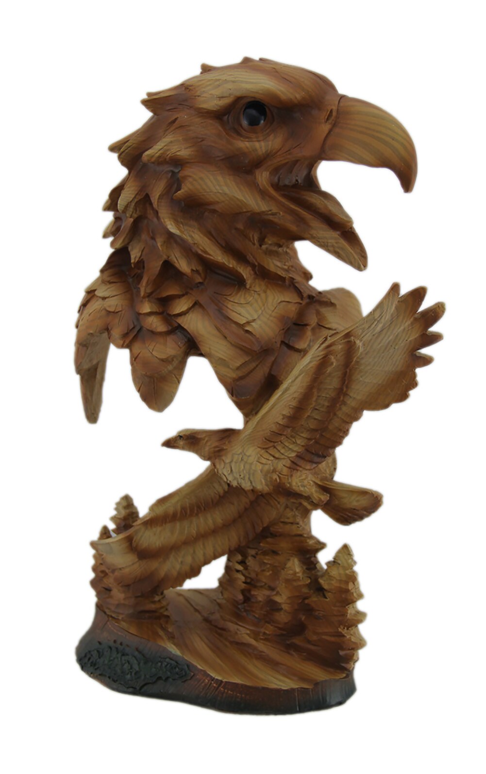 Carved Wood Look Bald Eagle Bust and Scene Tabletop Statue