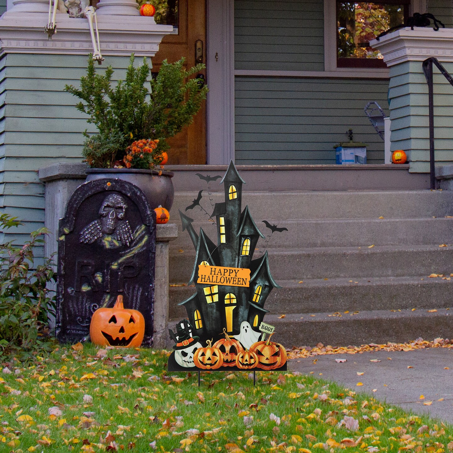 Set of 2 32&#x22;H Halloween Metal Haunted House Yard Stake