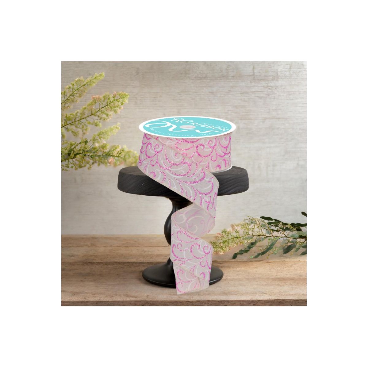 1.5&#x22; Multi Swirls Glitter Ribbon: Cream/Pink/White (10 Yard)