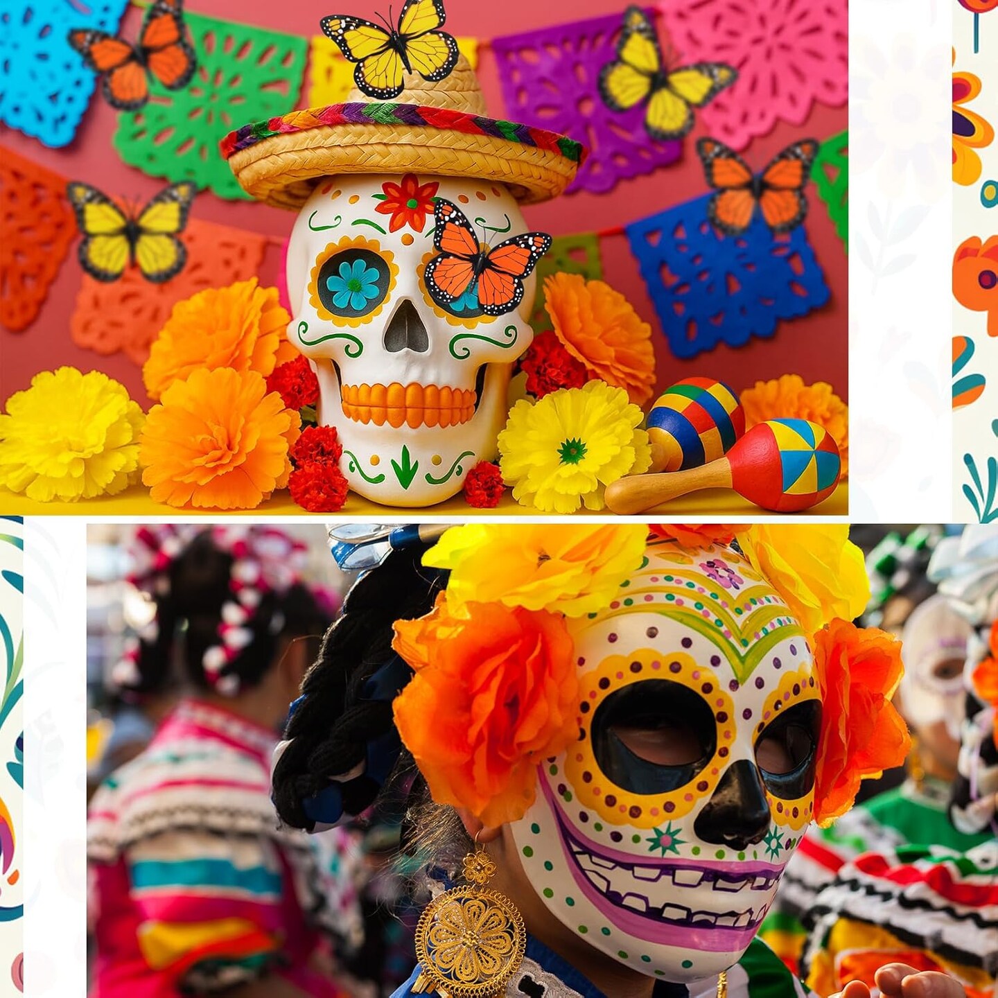 90 Pcs Day of The Dead Decorations Marigold Flower (Red, Yellow, Orange) 11.02&#x22;D x 11.02&#x22;W x 1.57&#x22;H