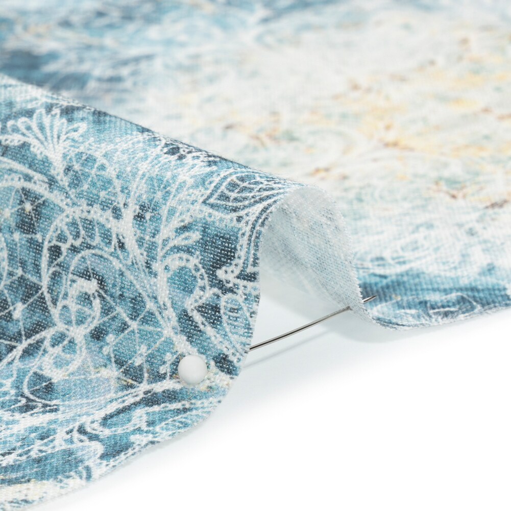 1 Yard Blue and Beige Floral Lace Printed Lightweight Linen Woven