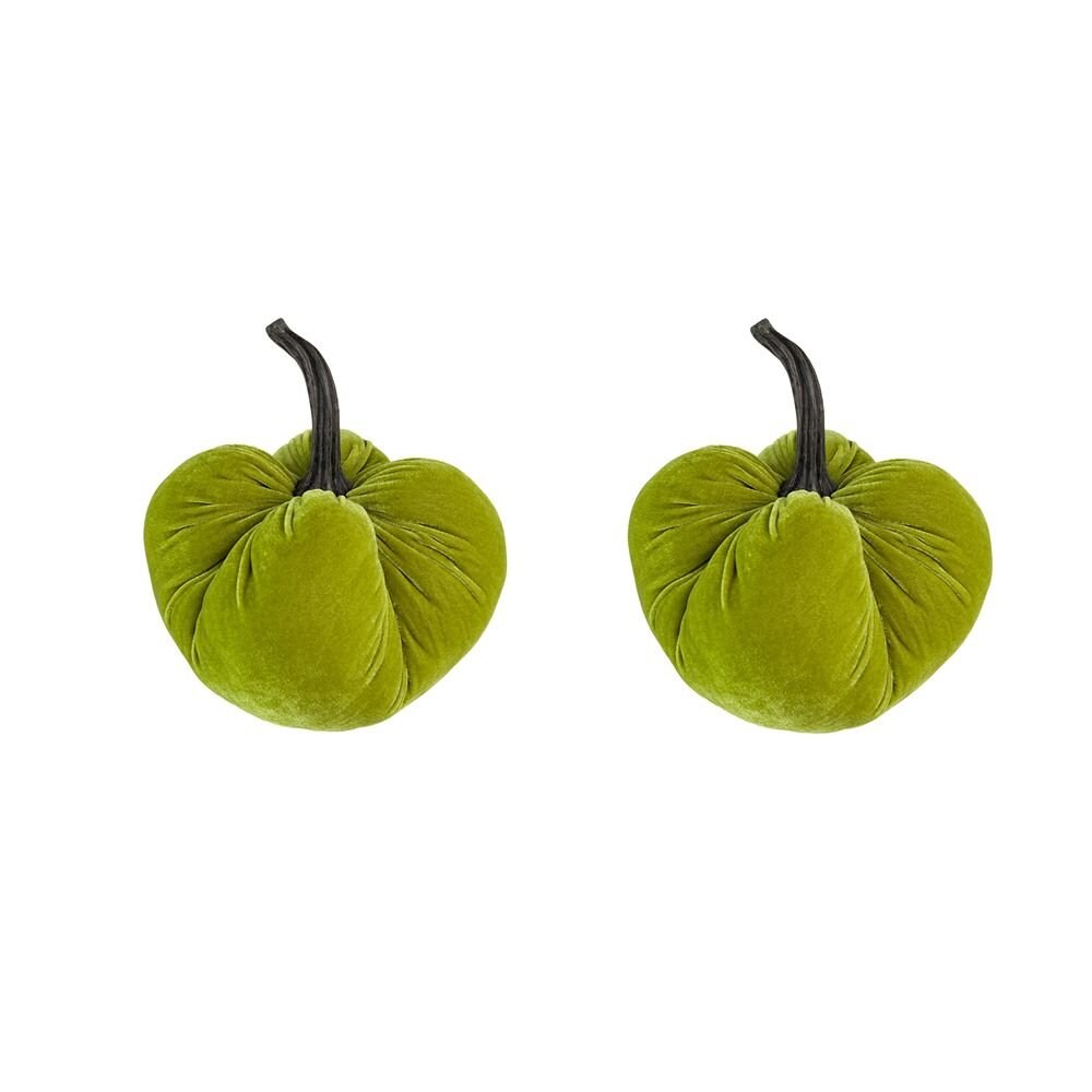 Edge Collections - Green - Velvet Weighted Pumpkins with Resin Stem - 2 Set