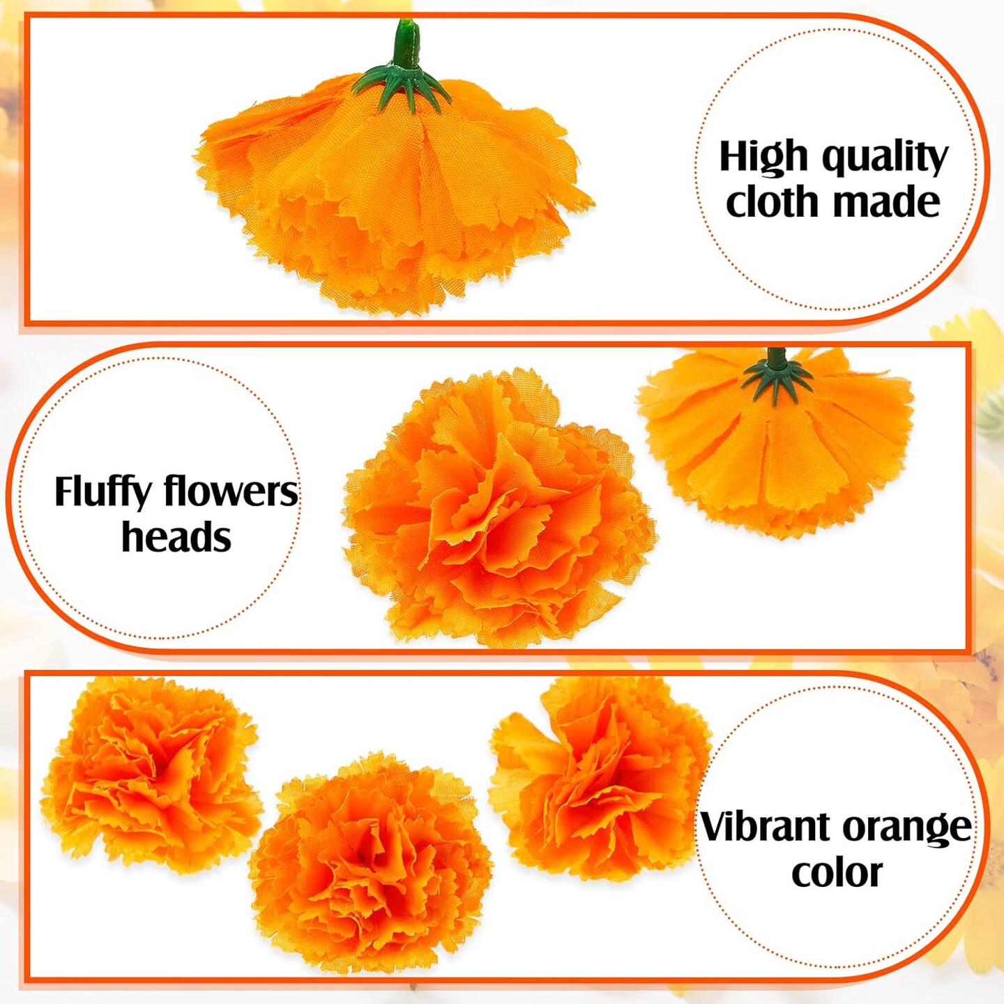 100 Pcs Halloween Artificial Marigold Silk Flowers with Stems