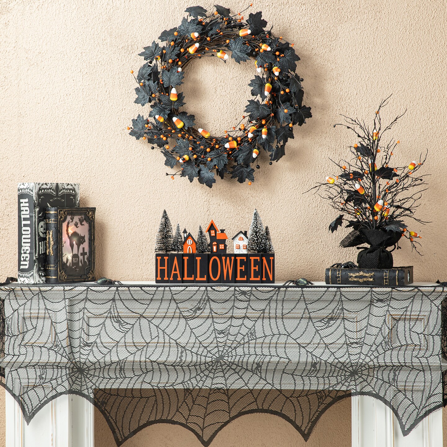 Set of 2 14&#x22;L Halloween Wooden &#x22;HALLOWEEN&#x22; Haunted House Table Sign