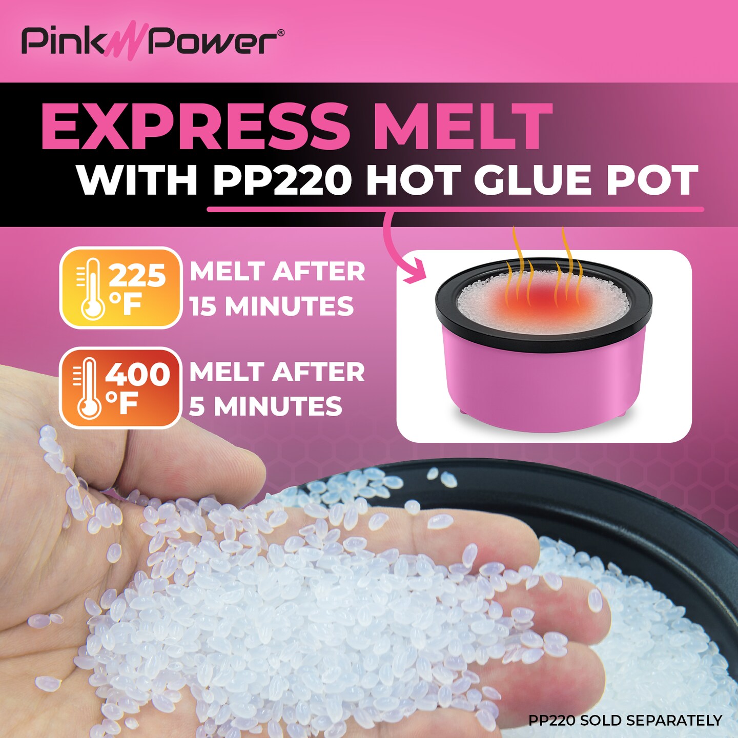 Pink Power Electric Hot Glue Pot for Crafts with 1lb Pellets, Hot Melt Glue Skillet for Crafting - Adjustable Temp 225-400 F 160ml
