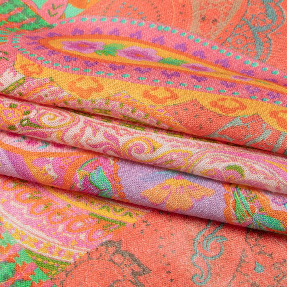 1 Yard Orange Patchwork Paisley Viscose and Linen Woven Fabric