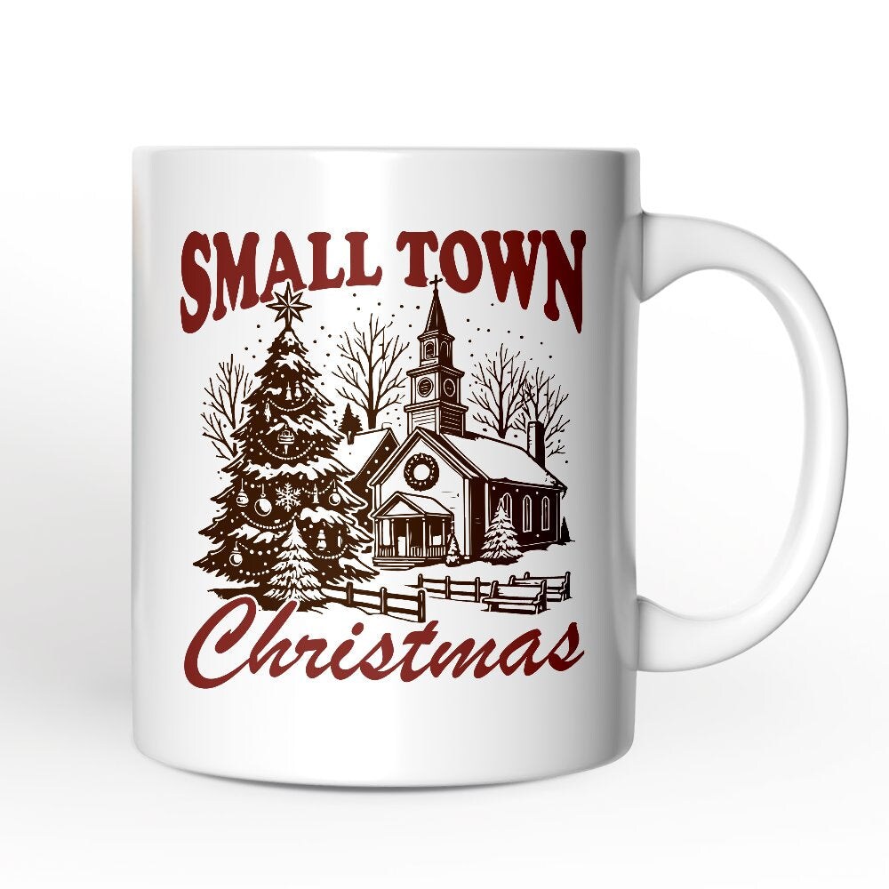 Small Town Christmas Vintage Mug, Rustic Winter Church Gift