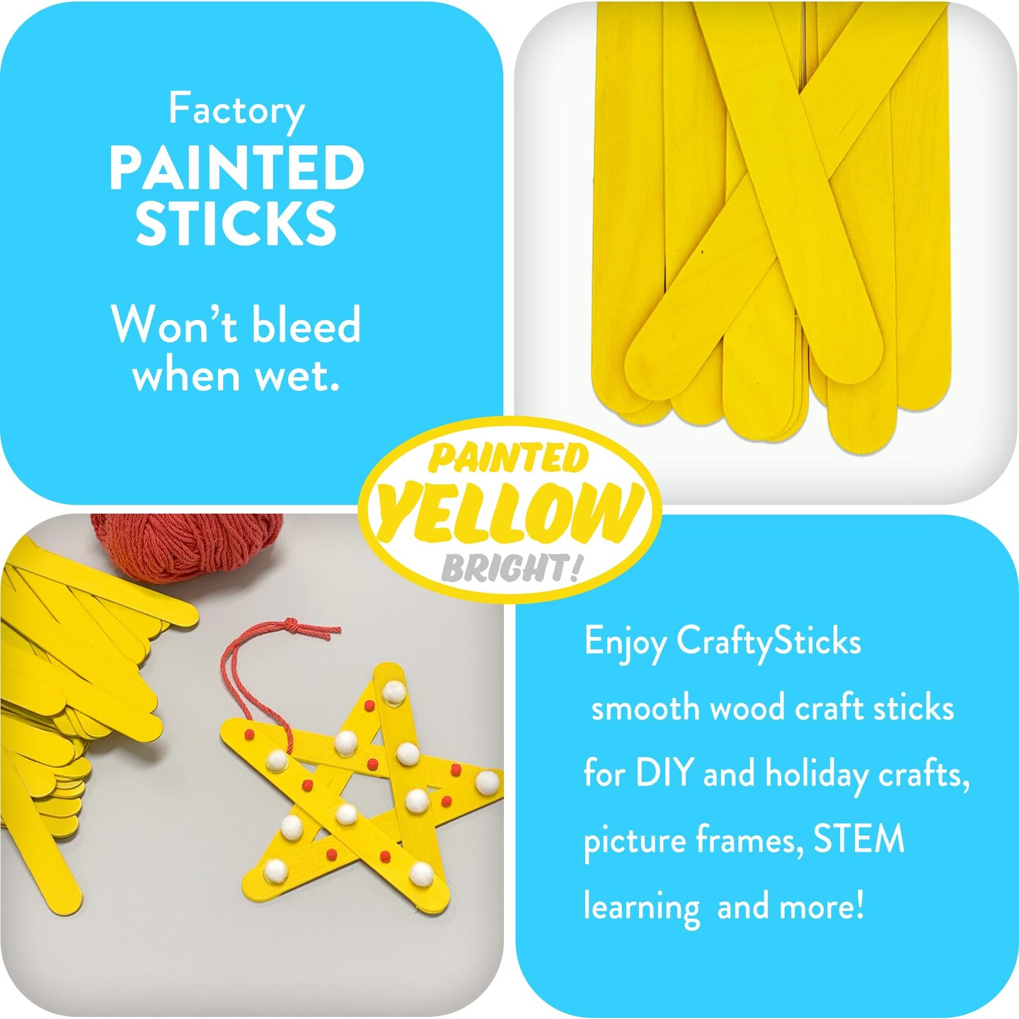 CraftySticks 50 Pack 6 Inch Yellow Painted Wood Craft Sticks, Jumbo Popsicle Sticks for Crafts, Teacher STEM Basics
