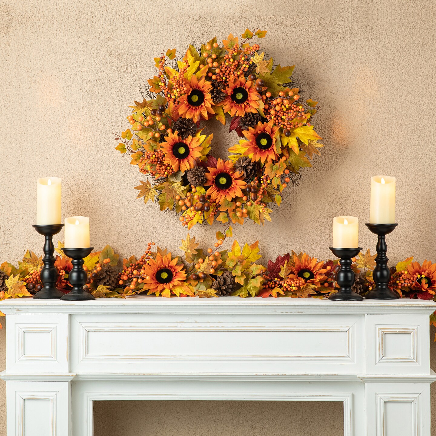 Set of 2 24&#x22;D Fall Sunflower, Maple Leaf and Berry Wreath