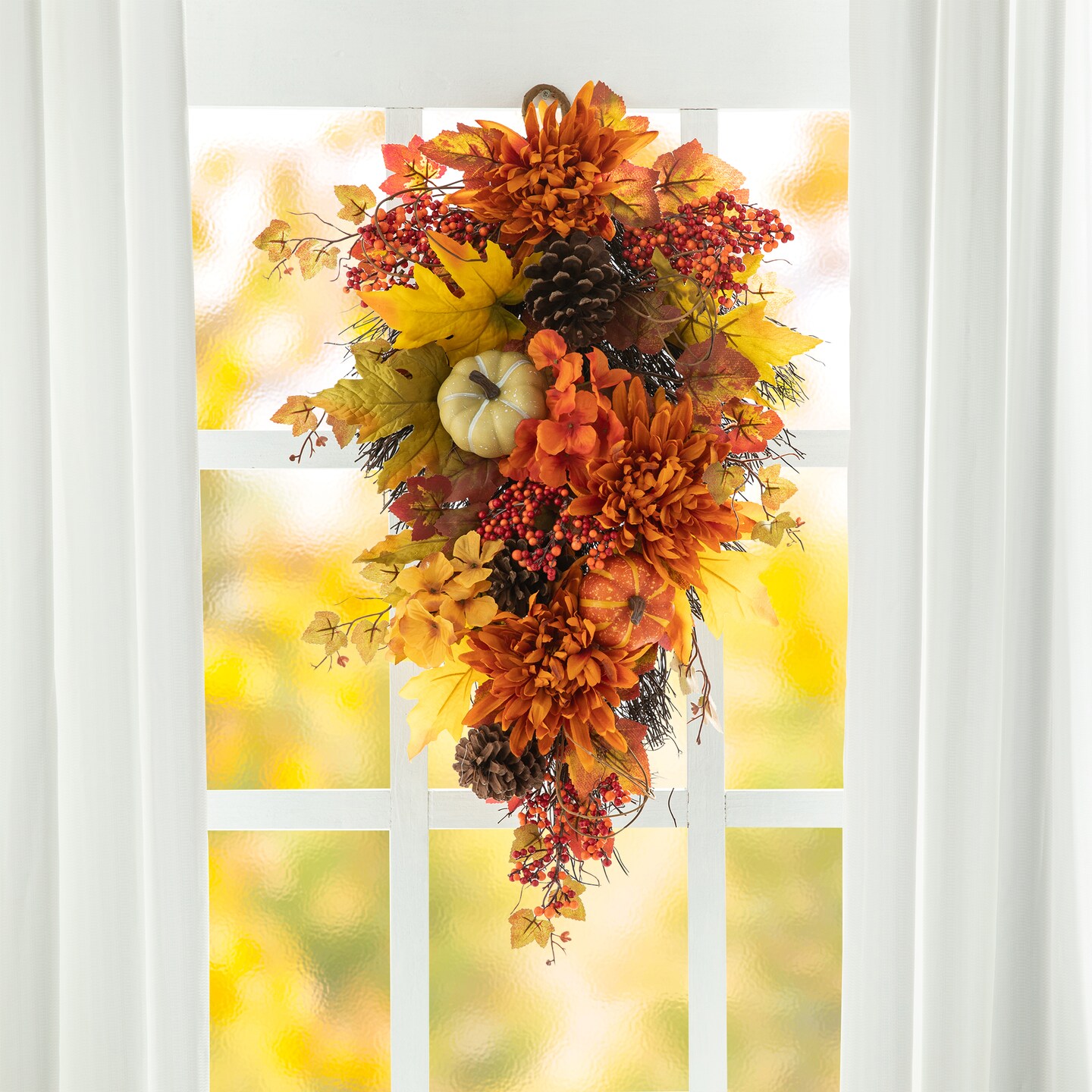 Set of 2 27&#x22;H Fall Dahlia Pumpkin, Leaf and Berry Teardrop Swag
