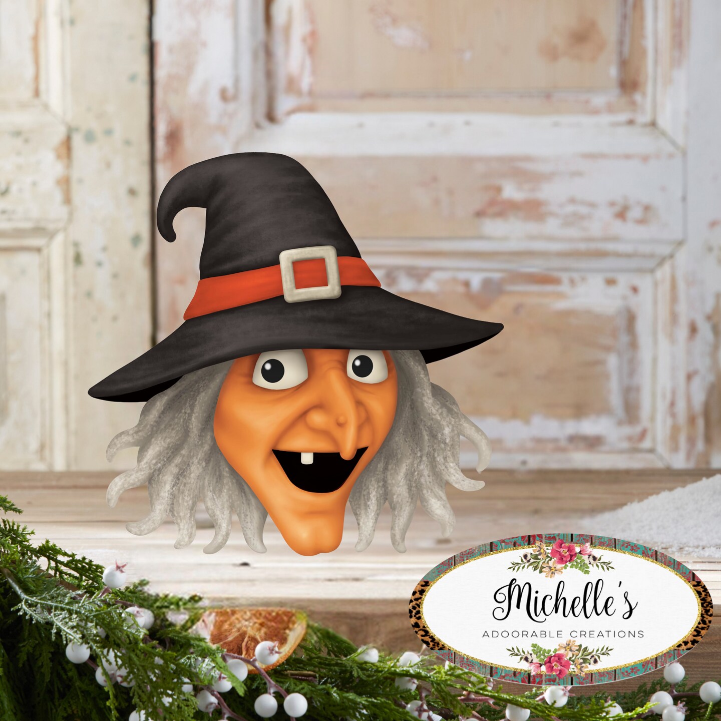 12&#x22; Metal Embossed Sign: Witch Head (Orange)