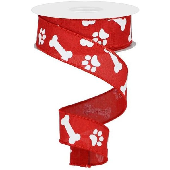 1.5&#x22; Paw Print Royal Ribbon: Red &#x26; White (10 Yards)