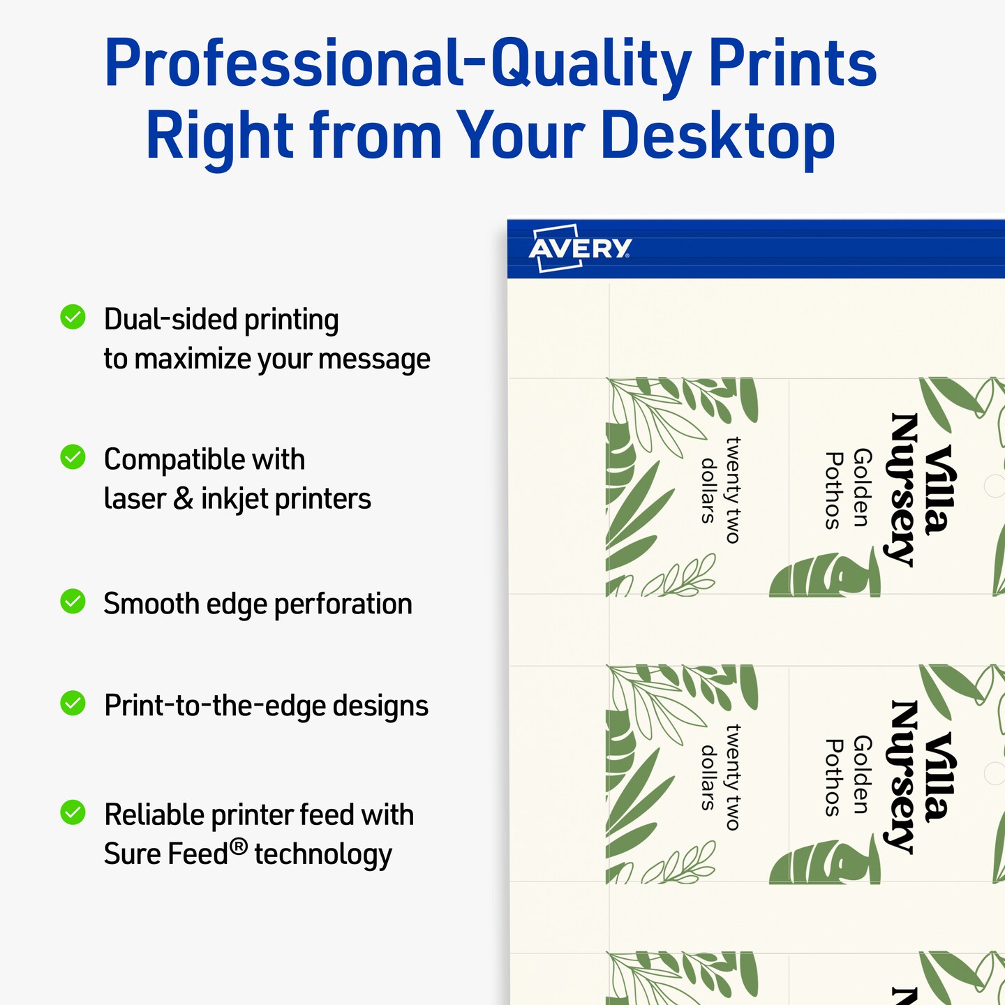 Avery Printable Perforated Rectangle Price Tags, Sure Feed Technology, 1-1/2" x 3", Matte Ivory Cardstock, Print-to-The-Edge, Laser/Inkjet Printable, 100 Total