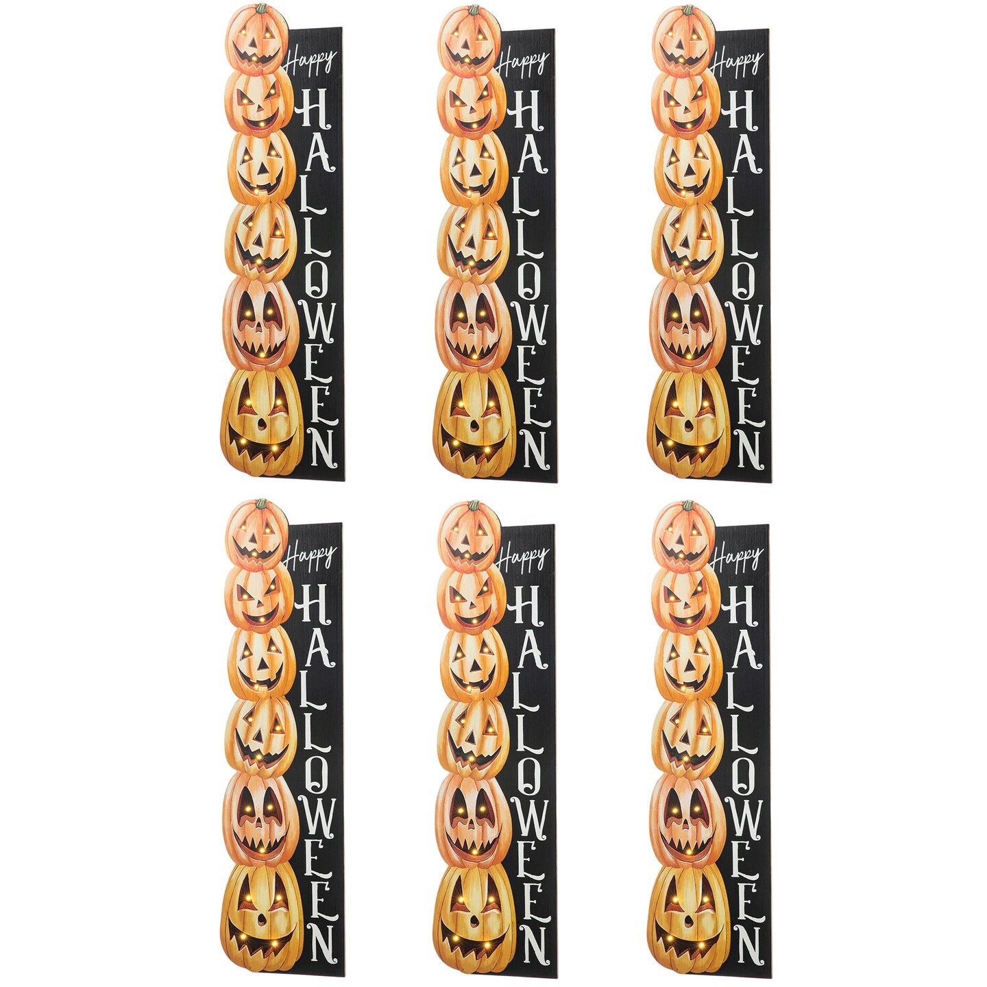 Set of 6 42&#x22;H Lighted Halloween Wooden Stacked Pumpkins Porch Sign with Timer