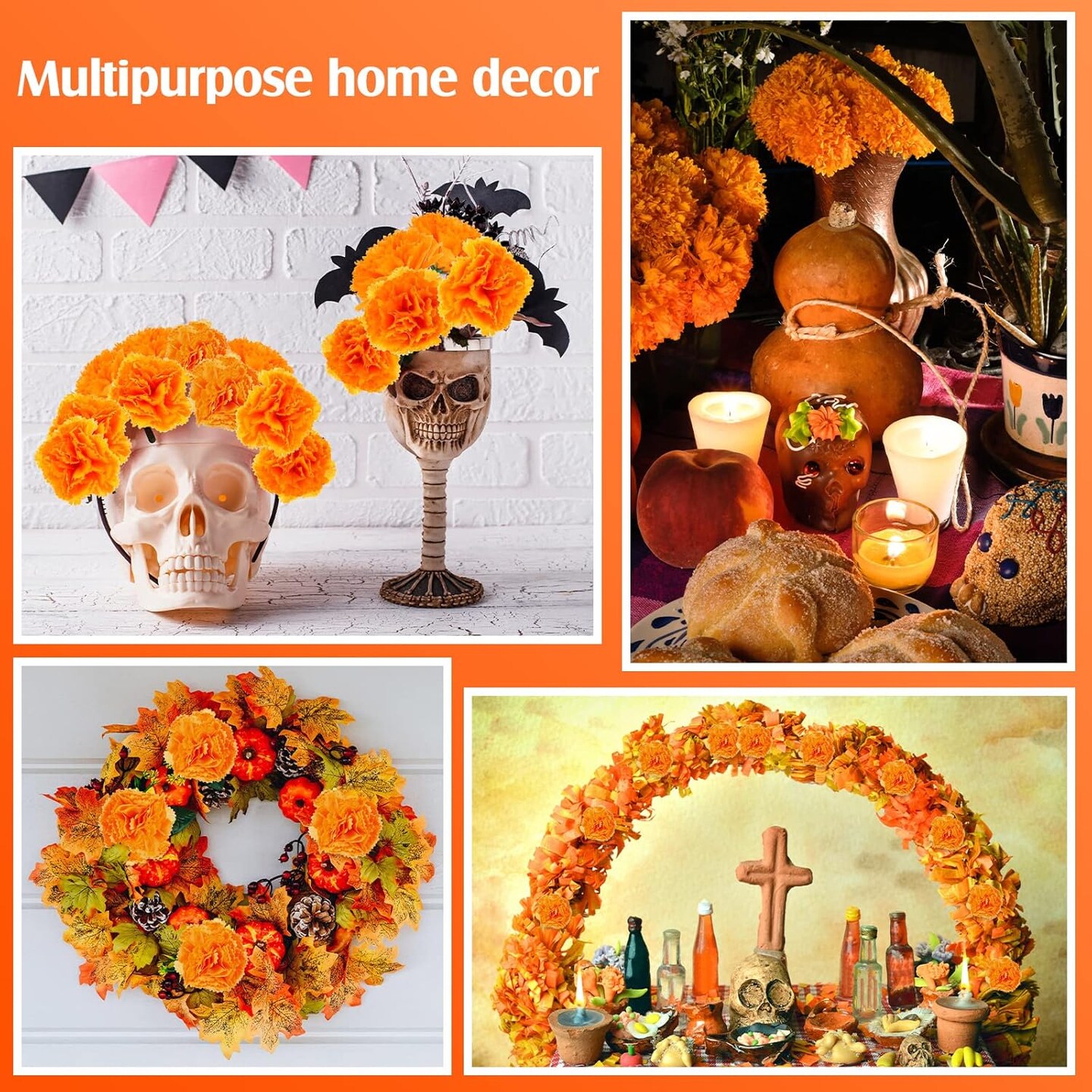 100 Pcs Halloween Artificial Marigold Silk Flowers with Stems