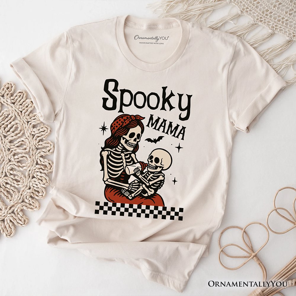 Spooky Mama Skeleton Halloween T-Shirt, Momster Retro Checkered Tee With Boo Vibes