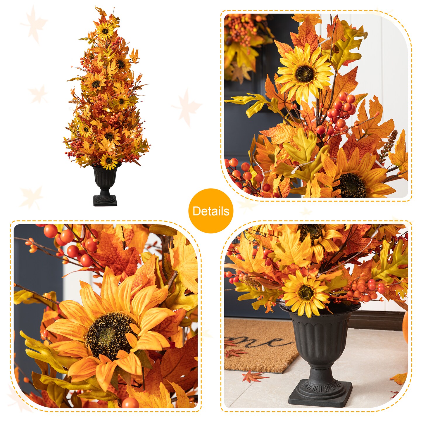 Set of 2 48"H Fall Lighted Maple Leaf and Sunflower Urn Porch Tree with Timer