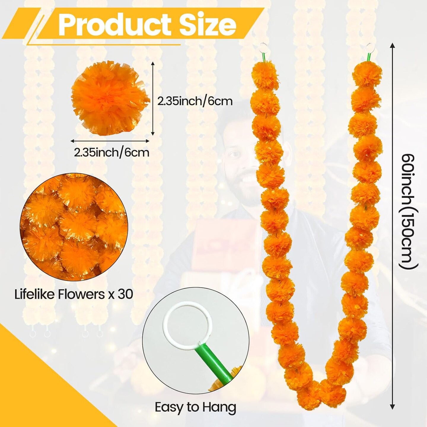 4 Pcs Artificial Long Marigold Garland - 5 Feet (Orange)