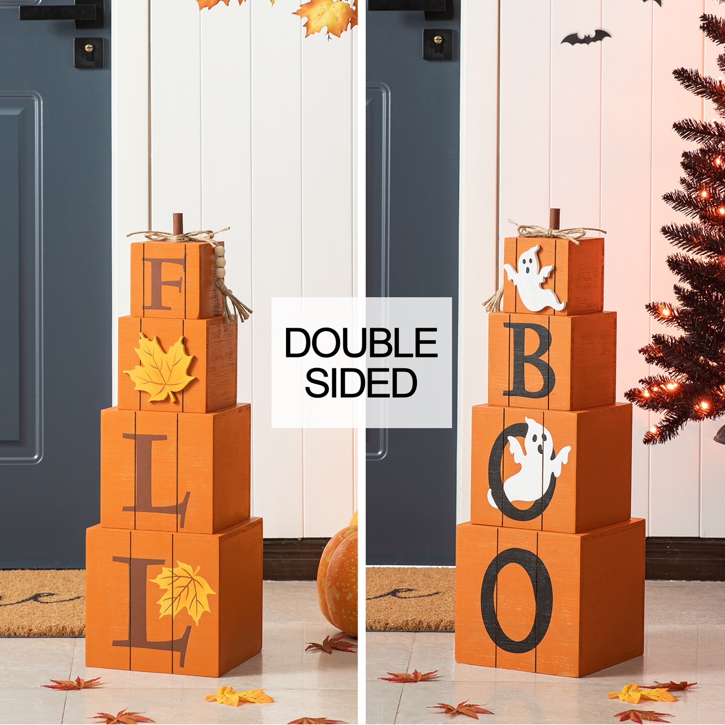 Set of 2 25.5&#x22;H Halloween and Fall Wood Reversible Boxed Porch Decor