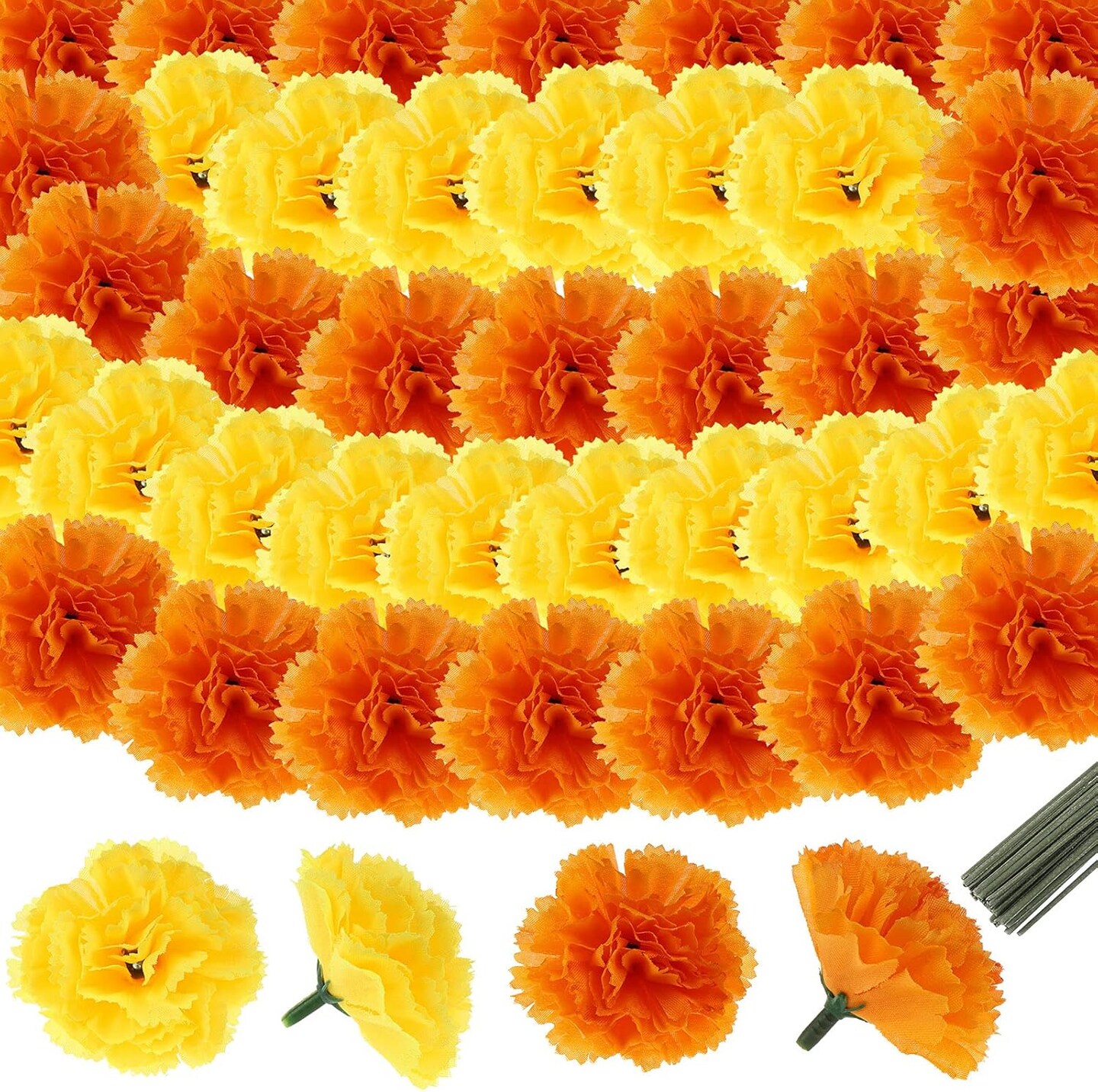 60 Pieces Artificial Marigold Flower Heads with Stems (Gold and Orange)