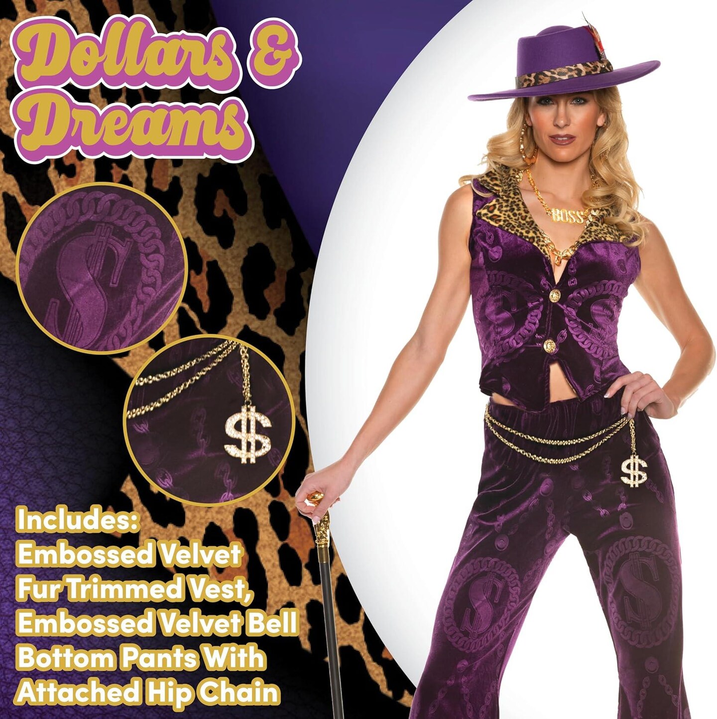 UNDERWRAPS Sexy Velvet Pimp Costume - 70s Disco Outfits for Women, Halloween Costume Large